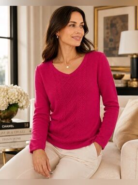 Talbots Petites MP Pink Cable Knit Sweater 100% Cotton V Neck Long Sleeve